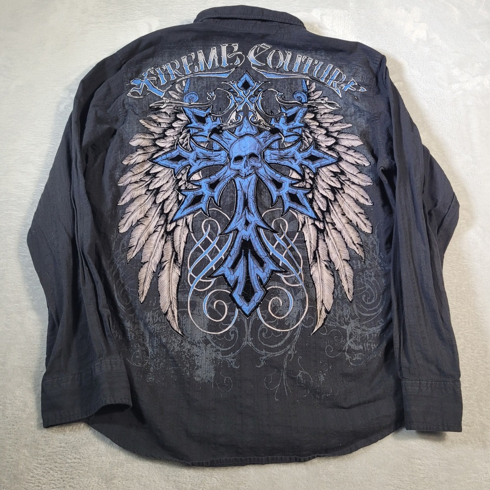 Xtreme Couture Shirt Mens XL Black Blue Gothic Cross Winged MMA Button Down